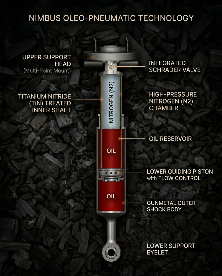 Cutaway view of a Nimbus oleo-pneumatic unit: nitrogen chamber, oil reservoir, guide piston, TiN rod, gunmetal body, mounting eye