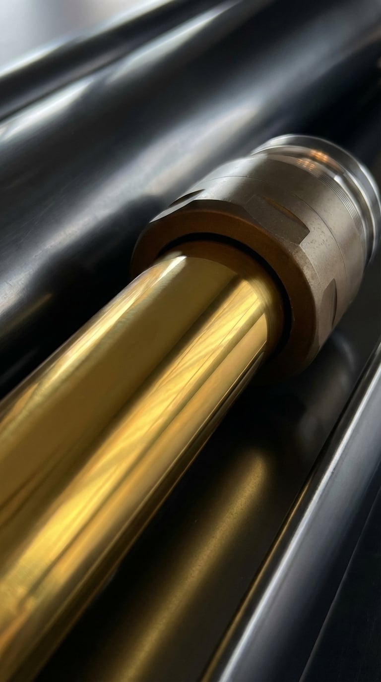 Close-up of Nimbus TiN coated piston rod and mounting eye